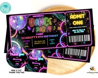 Editable Dance Party Birthday Invitation ticket, Dance Gender Neutral Invites, Dance Party Template, Neon Party Invites Editable Glow Party