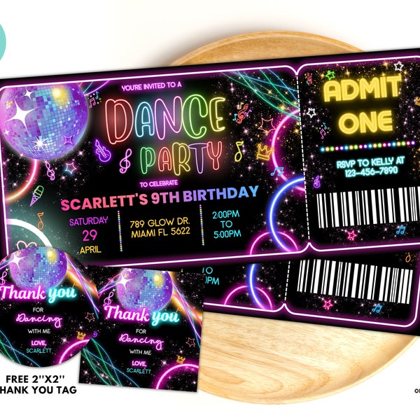 Billet modifiable d'invitation d'anniversaire de soirée dansante, invitations neutres en matière de genre, modèle de soirée dansante, invitations de fête néon fête luminescente modifiable