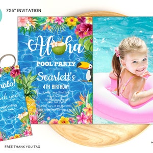 Editable Aloha pool party invitation with photo, Hawaiian birthday invite, Tropical birthday pool party instant download P06