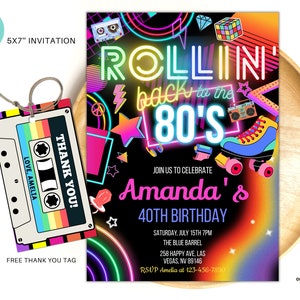 Editable Rollin&#39; back to 80s Birthday Party Invitation back to the 80s Neon Skate party disco 2000s birthday 90s instant download BT05