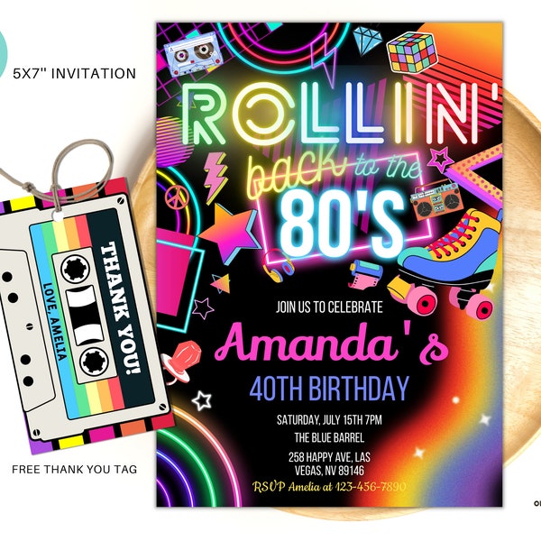 Editable Rollin' back to 80s Birthday Party Invitation back to the 80s Neon Skate party disco 2000s birthday 90s instant download BT05