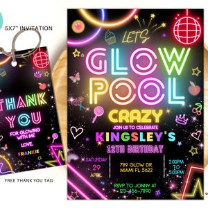 Editable Glow Pool Party Birthday Invitation, Glow Gender Neutral Invites , Glow Party Template, Neon pool Party Template instant download