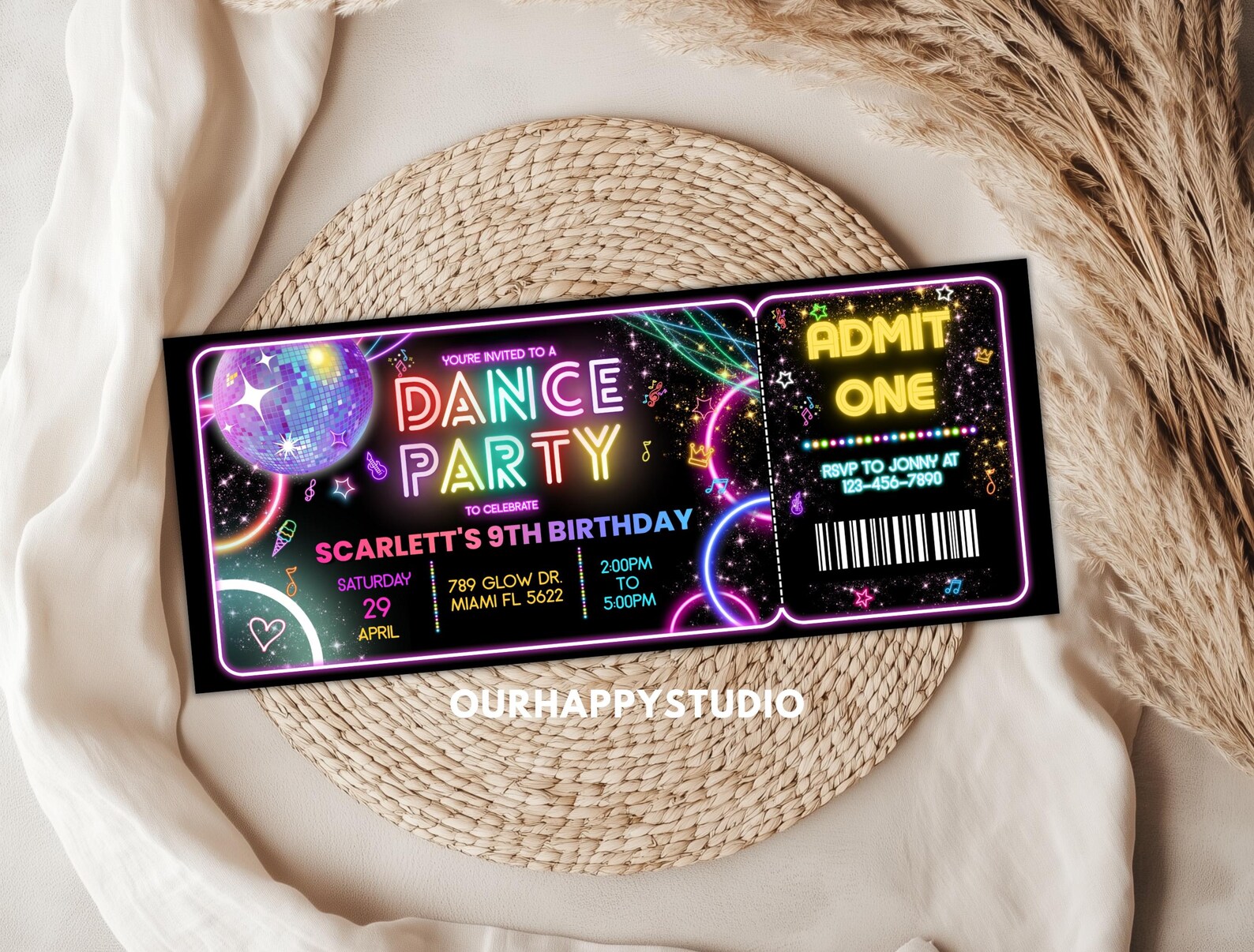Simple Rave Style Ticket Invites Editable Dance Party Birthday Ticket Invitation, Neon Glow (digital ...