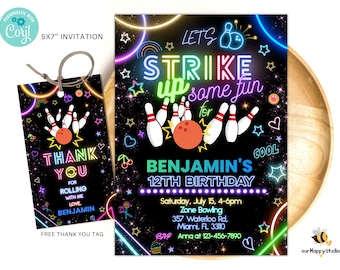 Editable Bowling Party Boy Birthday Invitation, Strike bowling Boy Invites, Bowling Party Template, Neon Party Invites Editable BP02