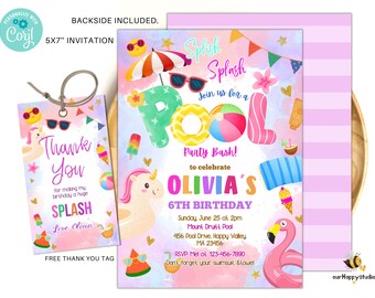 Bewerkbare verjaardagsuitnodiging zwembadfeest tropische splish splash zwembadfeest uitnodigen zomer zwembad splash partij direct downloaden