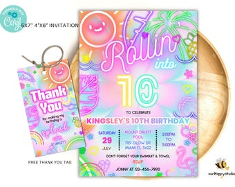 Editable Neon Roller Skate Invitation, Tie Dye Summer Rollerblade Birthday (Digital Download)