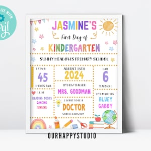 Op de afbeelding: Een kleurrijk, printbaar bord voor de eerste schooldag van een kind op de kleuterschool. Het bord toont een regenboog, een aardbol, boeken, potloden en een schaar. Het bord bevat de naam van het kind, Jasmine, en de datum 15 augustus 2024. Het bevat ook informatie over de lengte van het kind, zijn leeftijd, zijn favoriete dingen en zijn toekomstige carrièreaspiraties.