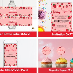 May include: A set of printable baby shower party decorations featuring a strawberry and floral theme. The set includes a water bottle label, invitation, and cupcake topper. The invitation reads "A Berry Sweet Baby is on the Way!" and includes the name Jennifer Anderson.