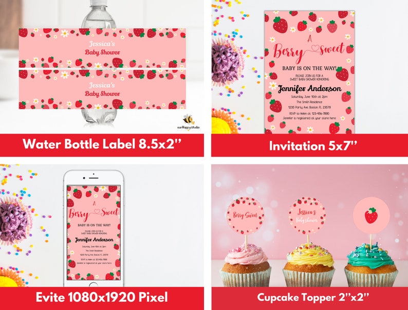 May include: A set of printable baby shower party decorations featuring a strawberry and floral theme. The set includes a water bottle label, invitation, and cupcake topper. The invitation reads "A Berry Sweet Baby is on the Way!" and includes the name Jennifer Anderson.