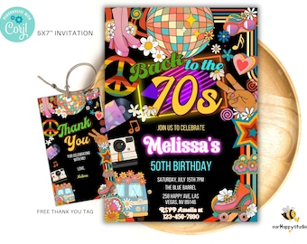Bewerkbare 70s verjaardagsuitnodiging voor feest terug naar de jaren 70 neon feest glow dance disco 70s verjaardag 70s instant download BT02