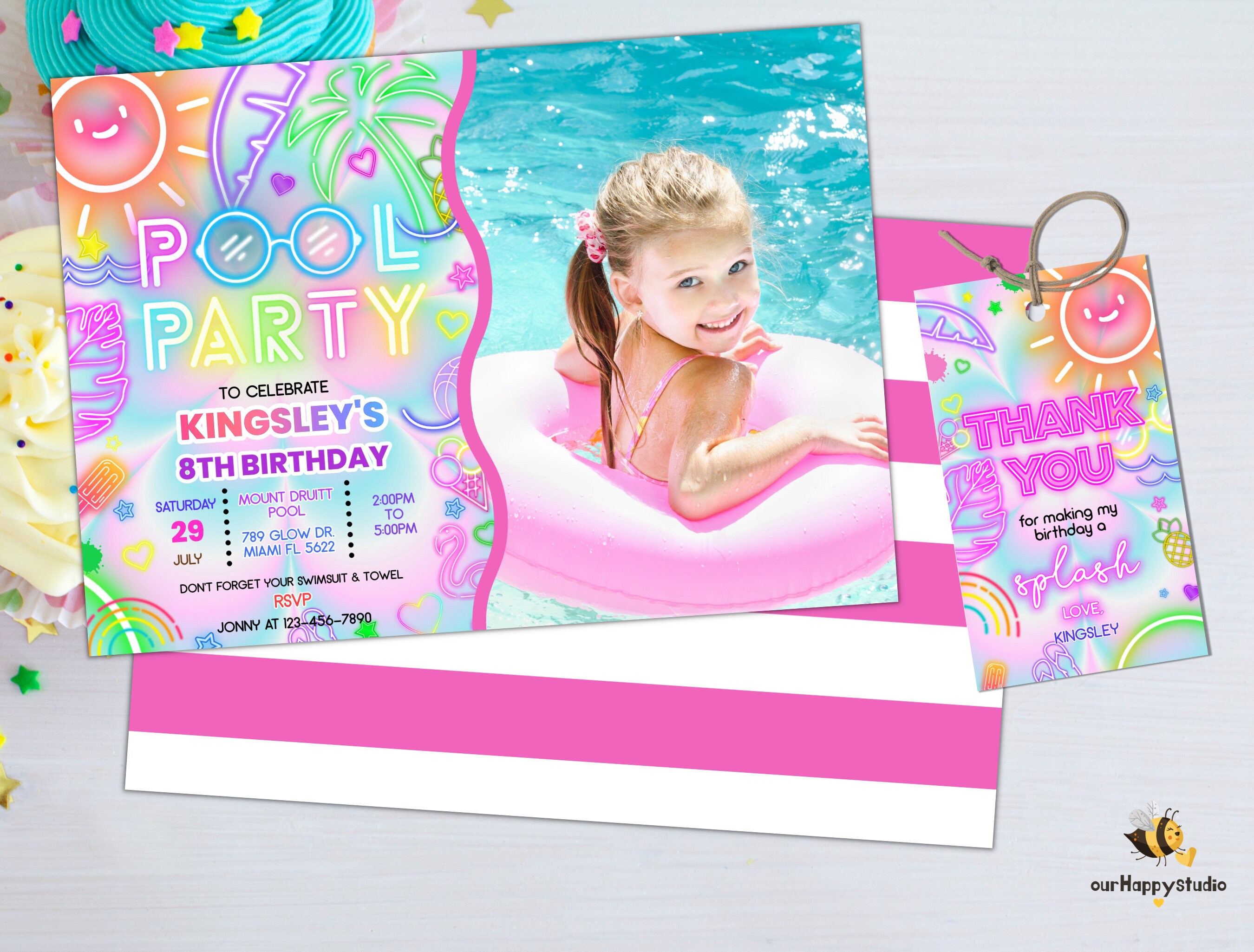 Photo Party Invitations Editable Pool Party Photo Invitation, Glow Neon Photo Invite, Tropical ...