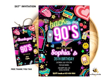 Editable 90s Birthday Party Invitation back to the 90s Neon party glow dance disco 2000s birthday 90s instant download