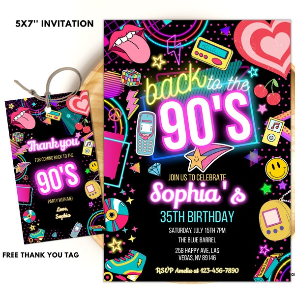 Editable 90s Birthday Party Invitation back to the 90s Neon party glow dance disco 2000s birthday 90s instant download