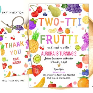 May include: A colorful invitation for a 2nd birthday party with a fruit theme. The invitation features a watercolor illustration of various fruits, including strawberries, blueberries, bananas, pineapples, and watermelon. The text on the invitation reads "Two-tti Frutti and such a cutie! Aurora is turning 2. Join us for a sweet celebration Saturday July 8 2pm-4pm Aurora's house 56A Chester St. North Rock, NSW2151 RSVP Kelly at 123-456-7890".