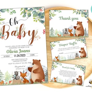 Editable woodland baby shower invitation set, Oh baby pack, woodland animals invitation package, woodland baby shower bundle set WL01