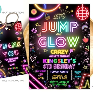 Editable Jump Party Birthday Invitation, glow Trampoline party Neutral Invites, bounce house party, Neon Party Invites Glow Party JG02