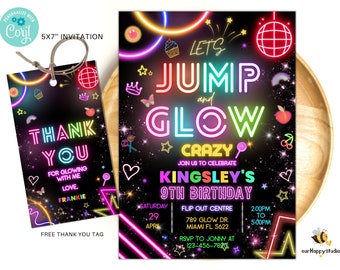 Bewerkbare Jump Party verjaardagsuitnodiging, gloed Trampoline partij neutrale uitnodigingen, bounce house party, Neon Party nodigt Glow Party JG02