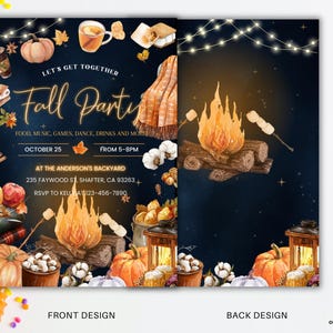 May include: A two-sided fall party invitation featuring a dark blue background with string lights, pumpkins, s'mores, and a campfire. The front includes text: Let's Get Together Fall Party, October 25, 5-8PM, at The Anderson's Backyard, 235 Faywood St.