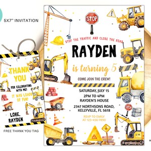 May include: A printable 5x7 inch construction party invitation with a yellow and black colour scheme. The invitation features a watercolour illustration of construction vehicles, including a bulldozer, excavator, cement mixer, and dumper truck. The text on the invitation reads "Stop the traffic and close the road, Rayden is turning 5. Come join the crew!"  The invitation also includes the date, time, and location of the party. A free thank you tag is included with the invitation.