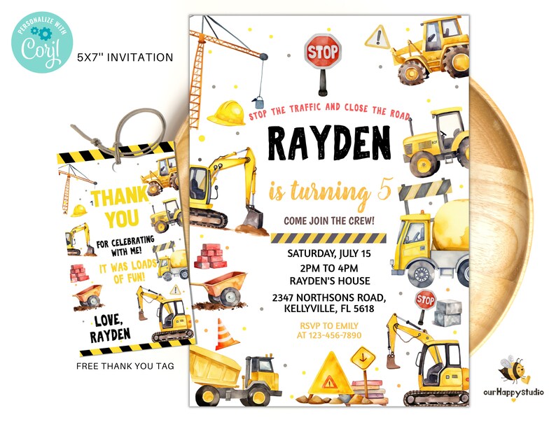 May include: A printable 5x7 inch construction party invitation with a yellow and black colour scheme. The invitation features a watercolour illustration of construction vehicles, including a bulldozer, excavator, cement mixer, and dumper truck. The text on the invitation reads "Stop the traffic and close the road, Rayden is turning 5. Come join the crew!"  The invitation also includes the date, time, and location of the party. A free thank you tag is included with the invitation.