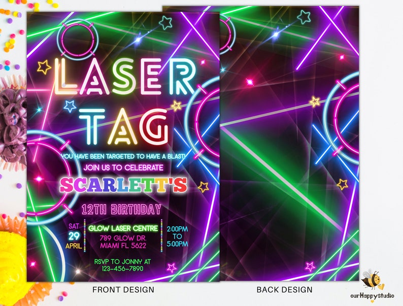 Bearbeitbare Laser Tag Party Einladung Neon Geburtstagsfeier einladen glow Laser Tag Geburtstag Neutral Laser Party Sofort Download LT01 Bild 2