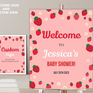 Editable Strawberry baby shower Welcome Sign, Strawberry custom sign, berry sweet Welcome sign, custom sign banner