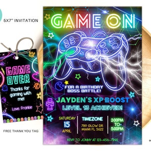Editable Video game birthday party invitation Neon boy game party glow gaming arcade birthday party neon glow party instant download AB02