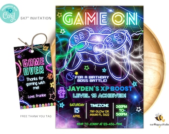 Editable Video game birthday party invitation Neon boy game party glow gaming arcade birthday party neon glow party instant download AB02