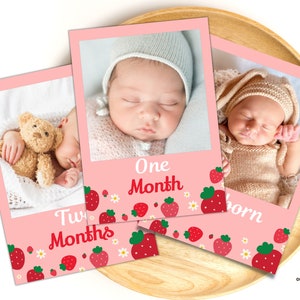 Bewerkbare sjabloon voor spandoek eerste verjaardag Berry, aardbeibaby's maandelijkse mijlpaalkaarten 1e jaar, afdrukbare fotoslinger SB01