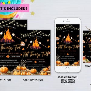 May include: A fall-themed invitation set with a black background, featuring a bonfire, pumpkins, and the text "All Things Fall." Includes 5x7" and 4x6" invitations, an electronic invitation, and a thank you tag.