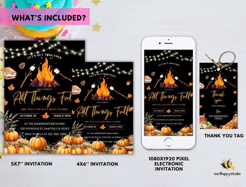May include: A fall-themed invitation set with a black background, featuring a bonfire, pumpkins, and the text "All Things Fall." Includes 5x7" and 4x6" invitations, an electronic invitation, and a thank you tag.
