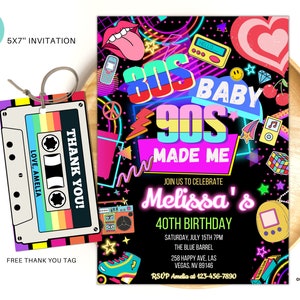 Bewerkbare 80S Baby 90s Made Me verjaardagsuitnodiging voor verjaardagsfeestje terug naar de jaren 90 Neon party glow dance disco jaren 2000 verjaardag 90s instant download 03