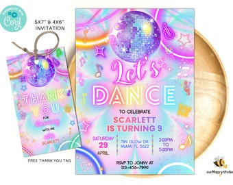 May include: A colorful invitation for a disco-themed birthday party. The invitation features a disco ball, neon lights, and the text "Let's Dance" to celebrate Scarlett turning 9. The invitation includes the date, time, and location of the party.