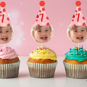 Editable Berry First Birthday photo cupcake topper, 1st birthday hat photo cupcake topper, 2nd birthday cupcake topper