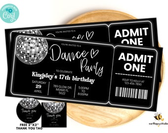 Editable Minimalist Dance Party Birthday Invitation ticket, Disco Gender Neutral Invites, Black and white dance ticket template BW01