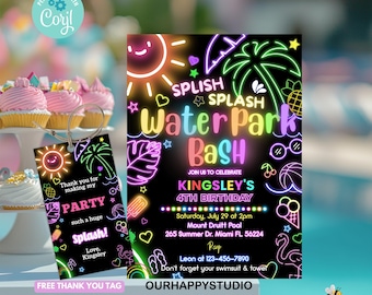 May include: A black invitation and thank you tag with neon-style graphics for a water park birthday party. The invitation reads "Water Park Bash" with details for Kingsley's 4th birthday. The thank you tag says "Thank you for making my party such a huge splash!"
