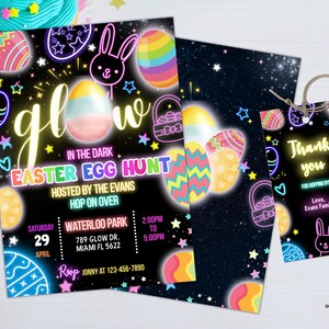 Op de afbeelding: Uitnodiging voor een glow-in-the-dark paaseierenjacht met een neonroze, blauwe en gele kleurschema. De uitnodiging toont een konijn, paaseieren en een mand. De tekst luidt "Glow in the Dark Easter Egg Hunt" en bevat de datum, tijd en locatie van het evenement.