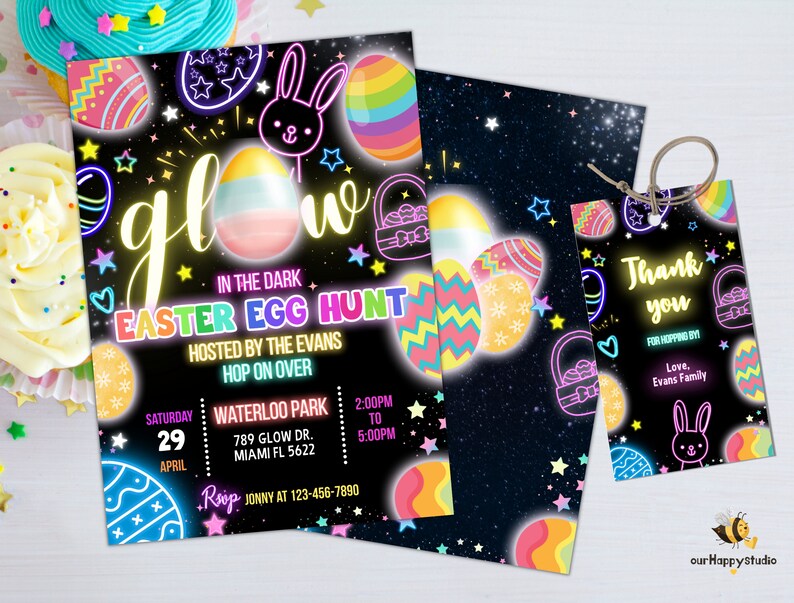 Op de afbeelding: Uitnodiging voor een glow-in-the-dark paaseierenjacht met een neonroze, blauwe en gele kleurschema. De uitnodiging toont een konijn, paaseieren en een mand. De tekst luidt "Glow in the Dark Easter Egg Hunt" en bevat de datum, tijd en locatie van het evenement.