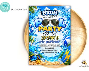 Editable Bruh pool party invitation, Boy birthday invite 5x7