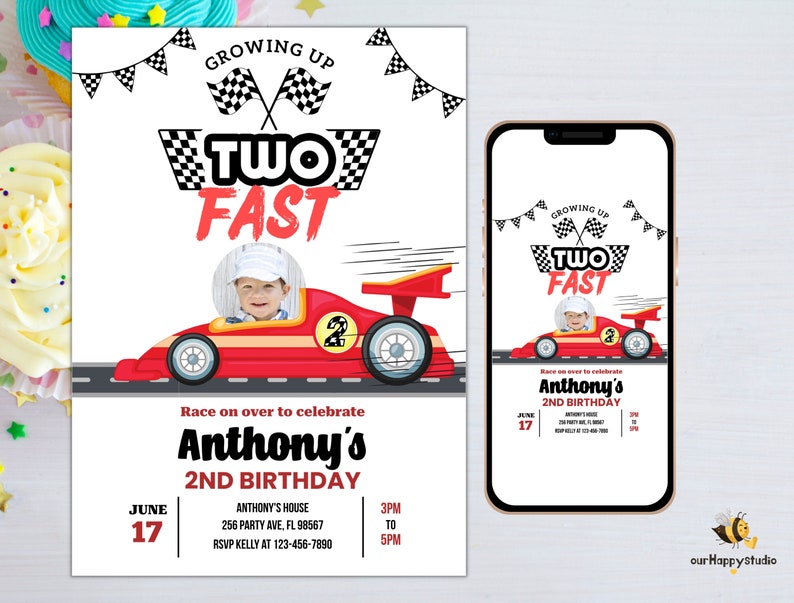 Editable Two fast invitation with photo Two fast boy car racing invites 2nd Birthday Party Invite Race Car Party instant download c01 image 4