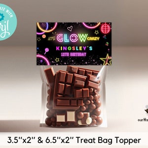 May include: A printable treat bag topper with a neon glow theme. The topper features a black background with neon pink, blue, and green text that reads "Let's Glow Crazy Kingsley's 12th Birthday". The topper is 3.5 inches by 2 inches and 6.5 inches by 2 inches.