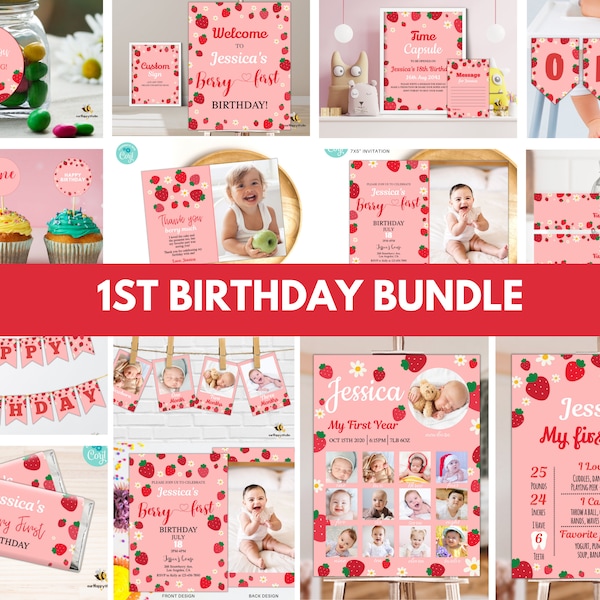 Berry First Birthday Invitation Bundle, Strawberry 1st Birthday Bundle, Berry first birthday Bundle, Instant download Printable bundle SB01