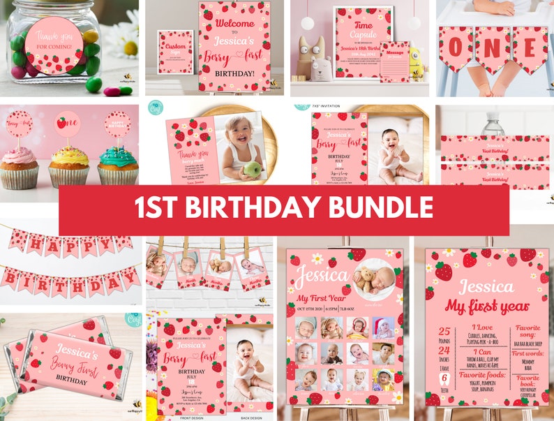 May include: A printable 1st birthday party bundle with a strawberry theme. The bundle includes a welcome sign, a banner, cupcake toppers, a photo booth backdrop, a photo collage, a milestone chart, a thank you card, and a chocolate bar wrapper. The colors are pink, red, and white.