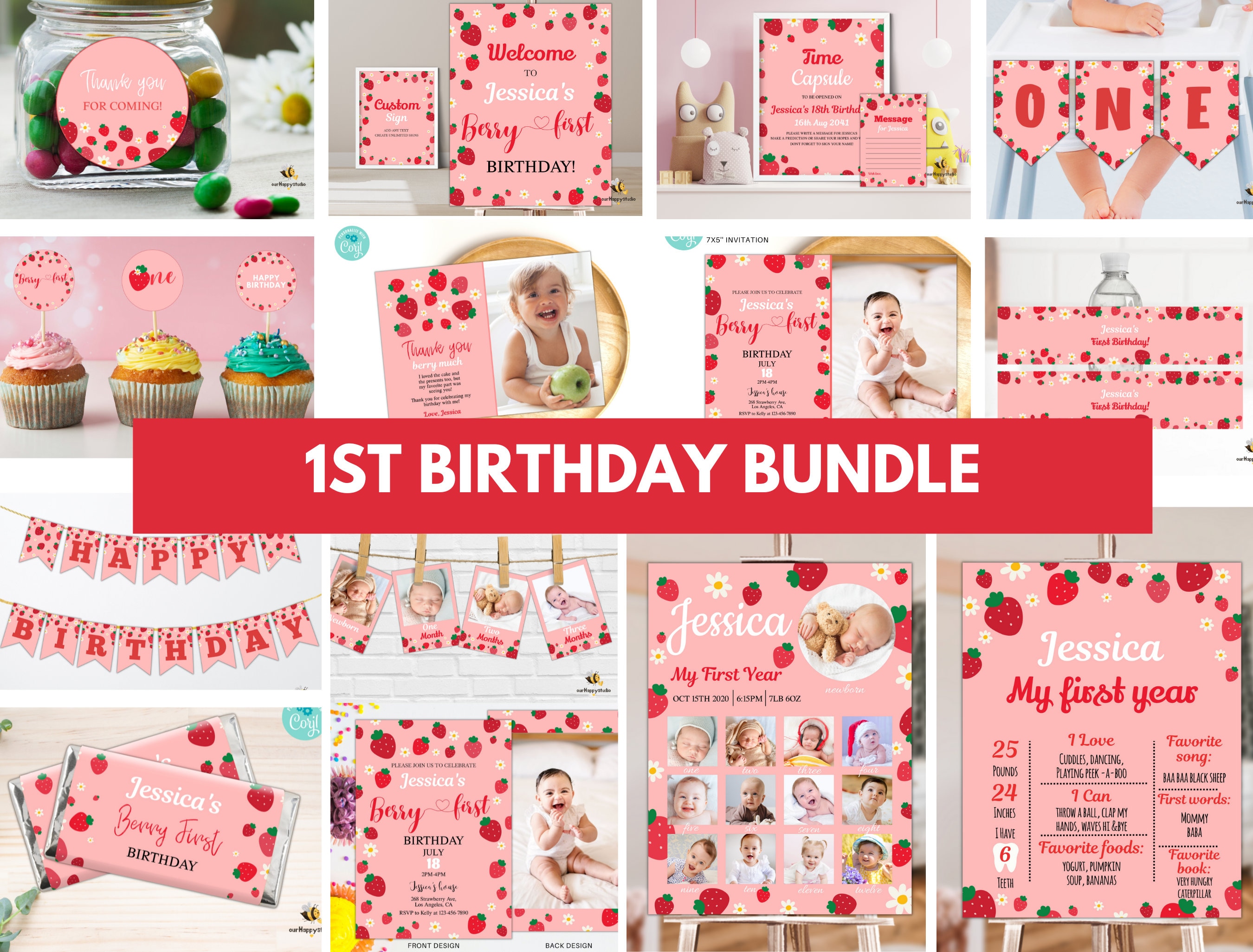 Berry First Birthday Invitation Bundle, Strawberry 1st Birthday Bundle ...