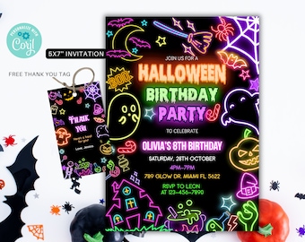 Invitación editable a fiesta de Halloween con neón brillante Invitación de cumpleaños Invitación de Halloween Invitación a fiesta espeluznante de Halloween HW07