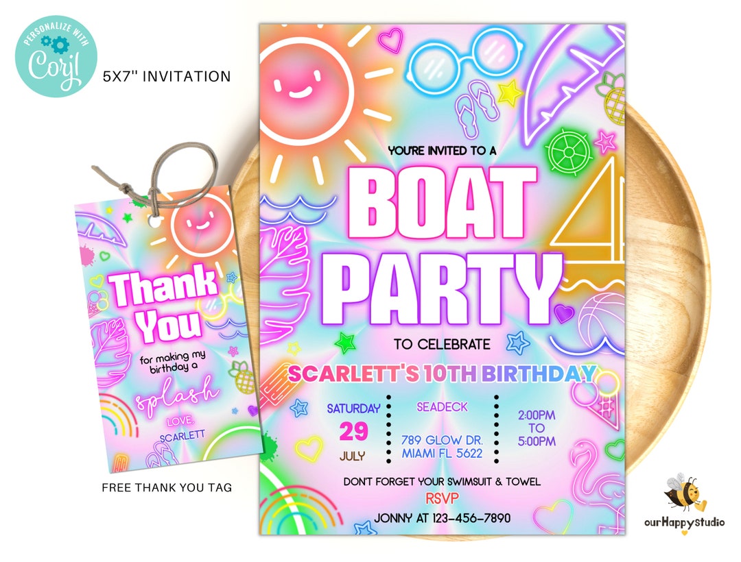 Editable Boat Birthday Party Invitation Glow Neon Invite Tropical Tie ...