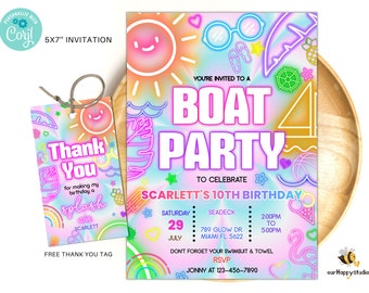 Editable Boat Birthday Party invitation Glow neon invite Tropical tie dye birthday pool party invitation swimming party instant download B01