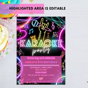 Editable Karaoke Party Birthday Invitation, Glow Karaoke birthday party neon singing music party invite Karaoke and glow instant download 02 image 2
