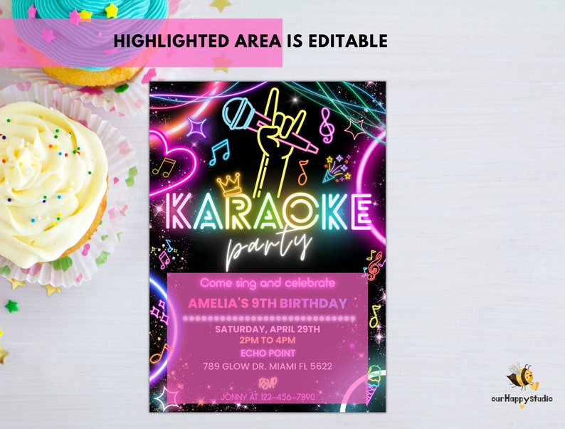 Editable Karaoke Party Birthday Invitation, Glow Karaoke birthday party neon singing music party invite Karaoke and glow instant download 02 image 2