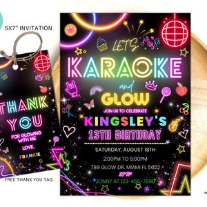 Editable Karaoke Party Birthday Invitation, Glow Karaoke birthday party neon singing music party invite Karaoke and glow instant download 01